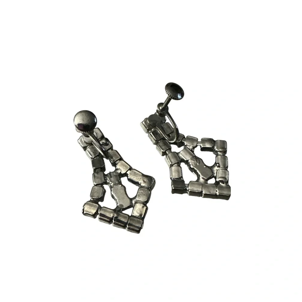 Dazzling Art Deco 50's Inspired Silver Colored‎ Clear Stone Screw Back Earrings